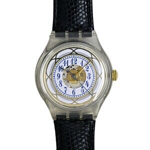Swatch Unisex 1994 Vintage SAK122 Automatic Wrist Watch Genuine Black Leather